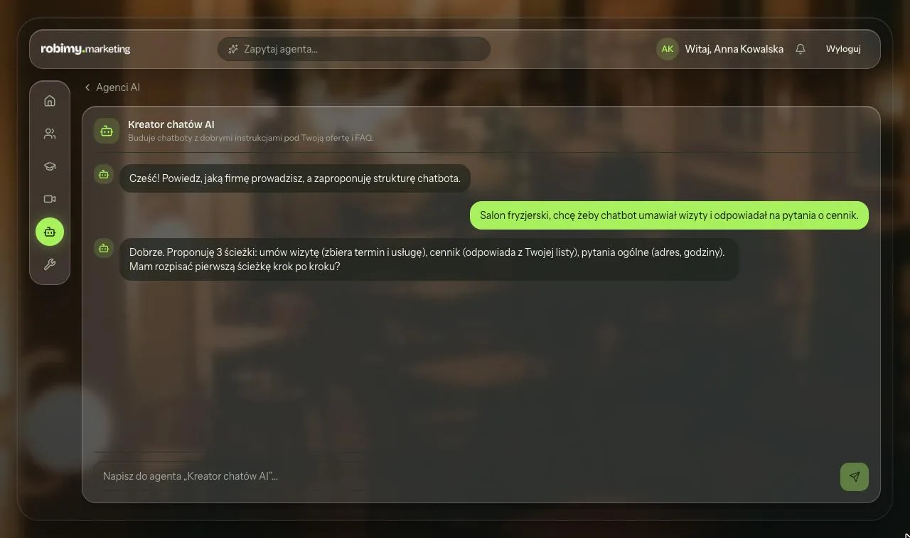 Ekran rozmowy z agentem AI w platformie Marketing Lab